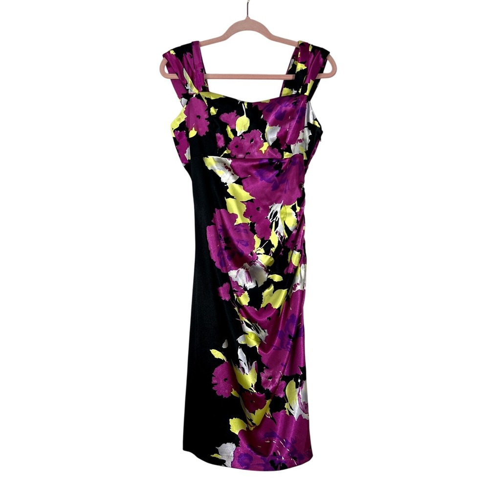 London Times Cocktail Semi Formal Black Floral Sleeveless Silky To Knee Dress 12